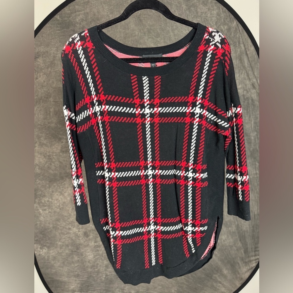 Express Plaid Sweater XS | Black Red White Check | 3/4 Sleeve Tunic